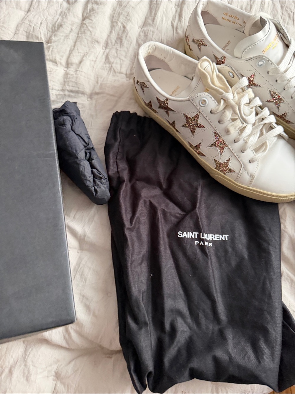 Saint Laurent White Leather Sneakers with Multicolor Glitter Star Accents - Picture 7 of 9